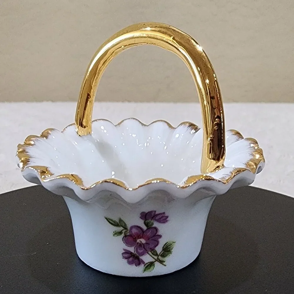 Courting Couple SALT Handled MINI Basket Vintage BRINTON Bone China Gold Accent